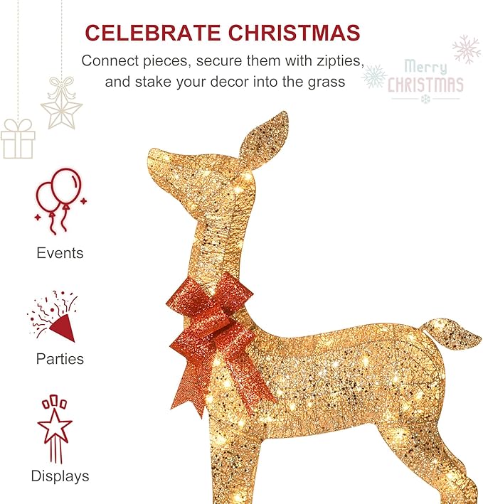 HOYECHI 6.5 FT Oversized Christmas Decorations Outdoor Lighted Reindeer – 3-Piece 3D Deer Family Set with 340 Warm White LED Lights for Yard, Lawn, Garden & Porch Holiday Display - Gold
