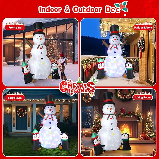 Dawdix 8FT Christmas Decs Inflatable Snowman, Christmas Blow Up Yard Decs Snowman with Penguins, Built-in Colorful Rotating LED Lights, for Holiday Xmas Party Garden, for Him, Her