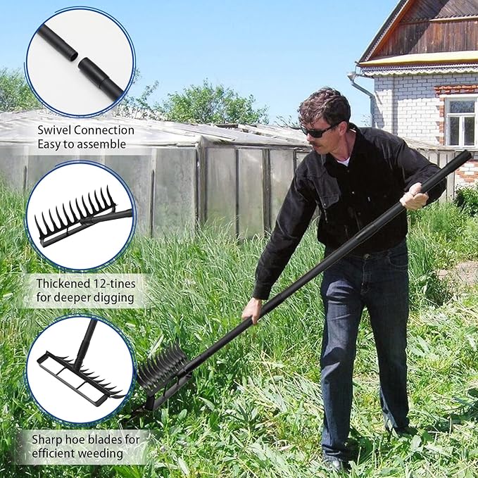 Garden Hoe Stirrup Hoe Weeding Tools, 2-in-1 Garden Hoe for Weeding with 76.8" Adjustable Handle, Heavy Duty Gardening Tools with 12 Tines for Weeding, Loosening, Digging and Cultivation