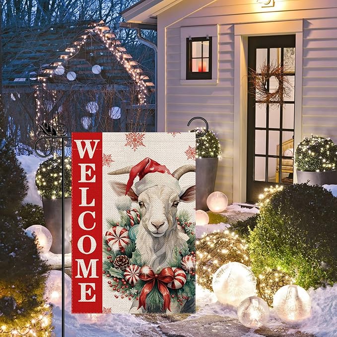 Christmas Garden Flag Welcome Xmas Goat Winter Holiday Decorations Burlap Vertical Double Sided Farmhouse Yard Lawn Outdoor Decor 12.5 x 18 Inch