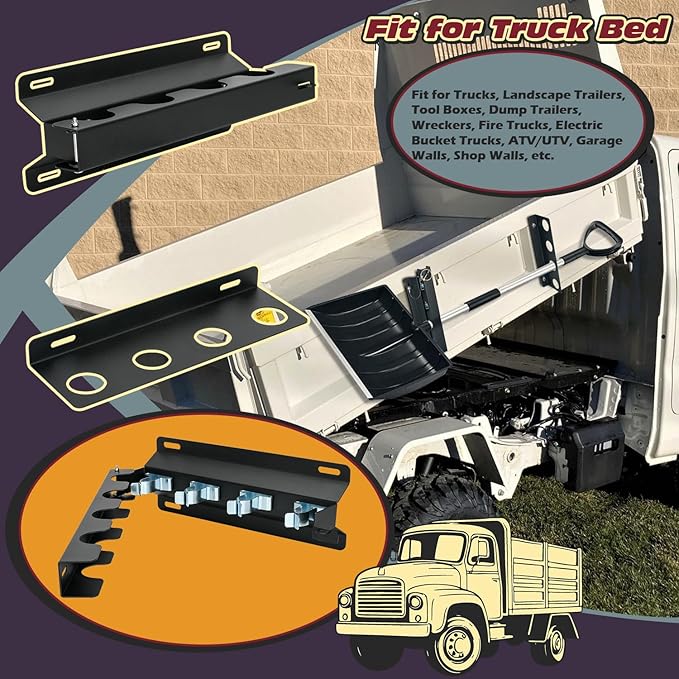 TOPOWN 4-Hole Heavy Duty Shovel Holder for Truck Bed with Double Fixation, Adjustable Landscape Tool Rack Truck Bed Mount for Shovels, Tool Holder for Rakes, Garden Tools, Farm Tools (Bed & Box Mount)