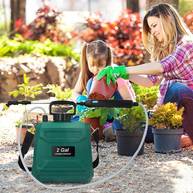 Battery Powered Sprayer 2 Gallon, Powerful Electric Garden Sprayer with 3 Mist Nozzles, USB Rechargeable Handle, Retractable Wand and Adjustable Shoulder Strap for Irrigation, Weeding (Green)