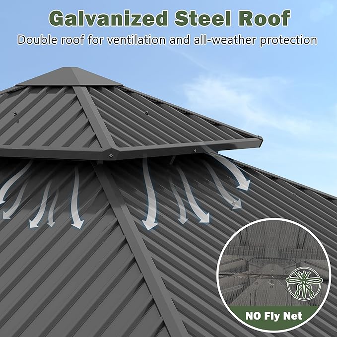 8.5'x8.5' Hardtop Wood Gazebo, Outdoor Double Roof Galvanized Steel Top Gazebo with Wooden Post, Curtains & Netting for Backyard, Patio, Deck (8.5x8.5 FT)