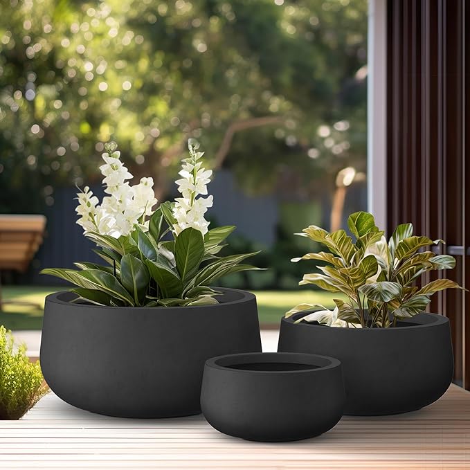 Kante 19.6",15.7",11.8" Dia Round Concrete Planters Set of 3, Outdoor Indoor Garden Plant Pots with Drainage Hole and Rubber Plug, Modern Curvaceous Design, Black