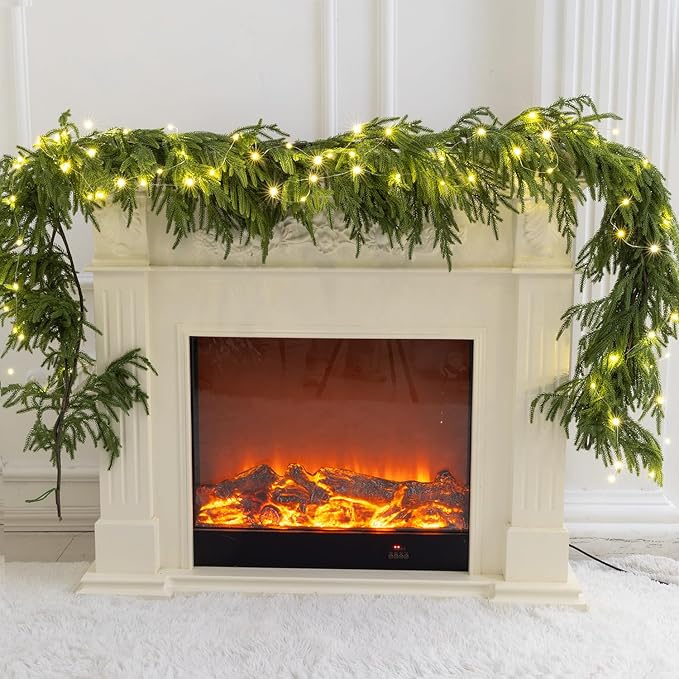 MISSPIN 14ft Christmas Garland with LED Lights, Real Touch Norfolk Pine Garland, Green Artificial Greenery Garland for Table, Mantle, String Light, Wall, Indoor, Outdoor Christmas Decorations