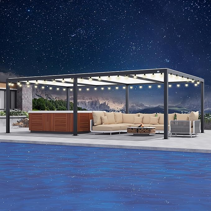 PURPLE LEAF Louvered Pergola 14' x 24' Outdoor Aluminum Pergola with Hidden Drainage System and Adjustable Roof Patio Hardtop Oversized Pergolas with String Lights for Estate Patio Pool Cabana