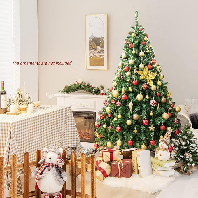 Goplus 6ft Artificial Christmas Tree, Premium Unlit Hinged Spruce Full Tree with 1000 Branch Tips, Metal Stand, Hinged Structure, Easy Assembly Festival Celebration Xmas Tree for Home, Office, Party