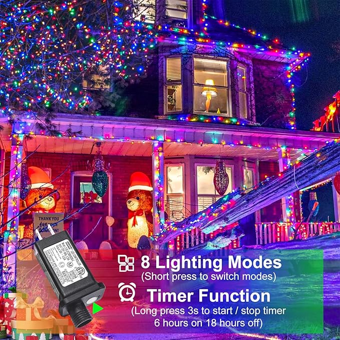 328FT 1000 LED Christmas Lights, Plug in Multicolor Christmas Tree Lights Outdoor with Timer and 8 Modes, Green Wire Waterproof String Lights for Indoor Yard Patio Xmas Holiday Decorations