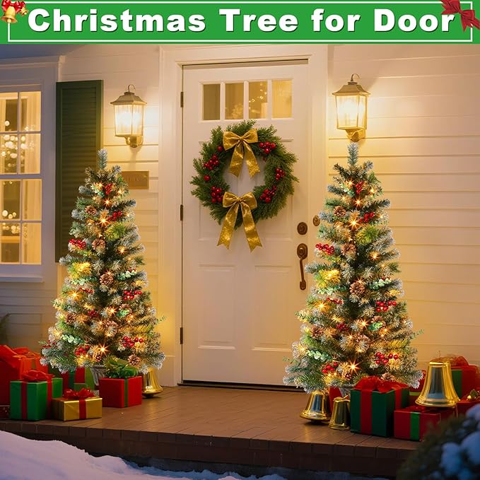 2 Set 4Ft Snowy Outdoor Christmas Entrance Tree with Timer 60 Warm Lights Battery Operated,120 Branches Tips,14 Eucalyptus,13 Smoky Pine Bristle Leaves,10 Pine Cones,9 Red Berries for Porch Front Door