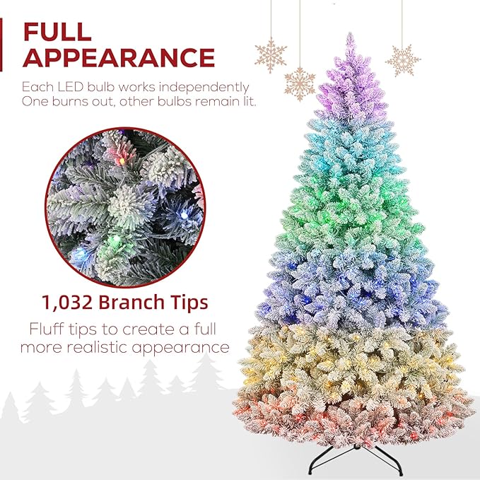 Hykolity 6ft Pre-lit Flocked Christmas Tree with Remote Control, 250 Multi-Color RGB Lights,1032 PVC Branch Tips, 15 Mode Artificial Hinged Christmas Tree for Home