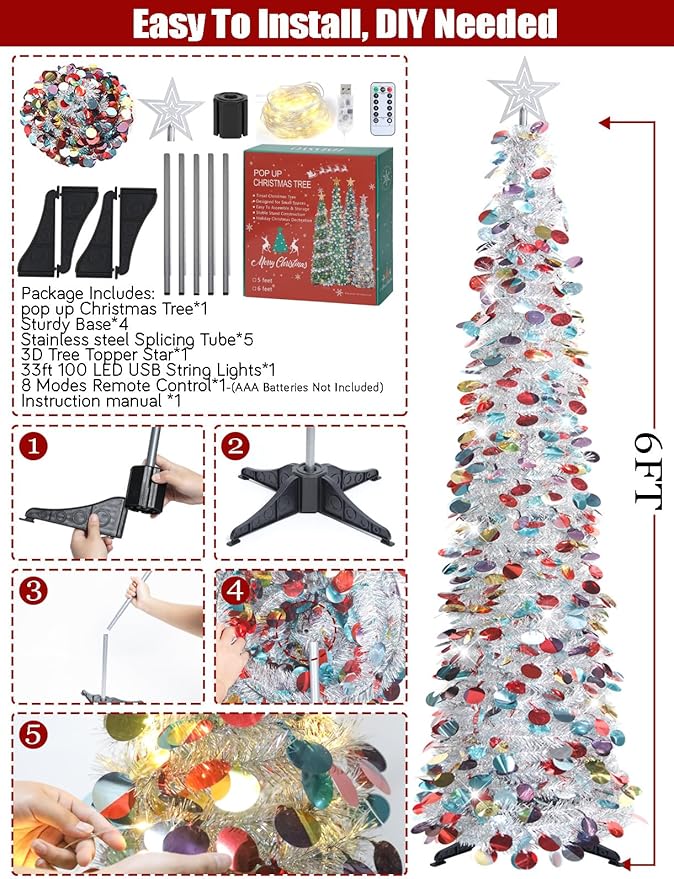 HMASYO 6 FT Pop Up Christmas Tree with 100 LED Lights & Remote, Silver Christmas Tinsel Tree, Collapsible Artificial Pencil Tree for Home Office Party Decor, USB Powered Timer Lights, Easy Assembly