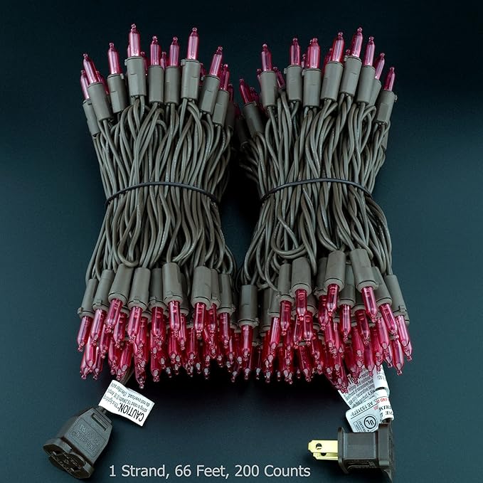 YULETIME 200 Pink LED Christmas Lights, 66 Feet Brown Wire UL Certified Commercial Grade Holiday String Light Set