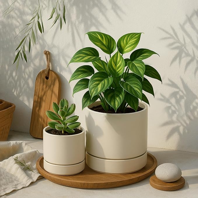 Phoenix Vine 6 Inch Planter Pot with Drainage Hole & Saucer, Deep Water Catch Tray, Straight Cylindrical Round Pot for Plants, Oatmeal, Pack of 1, 23-E-S-1