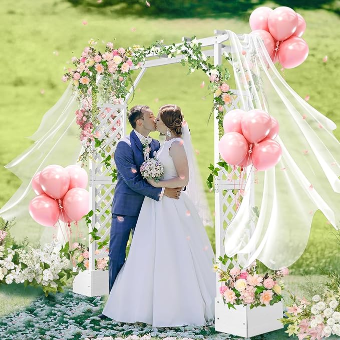 VINGLI Wooden Garden Arbor with Planter, Wedding Arch for Ceremony, Wood Garden Arbour Trellis for Plant Climbing, Pergola for Garden Backyard, Lawn, Outdoor (White)