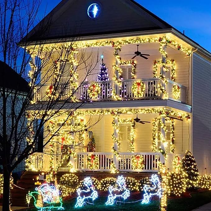 TW SHINE Warm White Christmas Lights, Total 400 LED 132FT Outdoor Christmas Lights Plug in with 8 Modes, Waterproof Light Outdoor Green Wire, Indoor Xmas Decoration for Party Yard House Decor