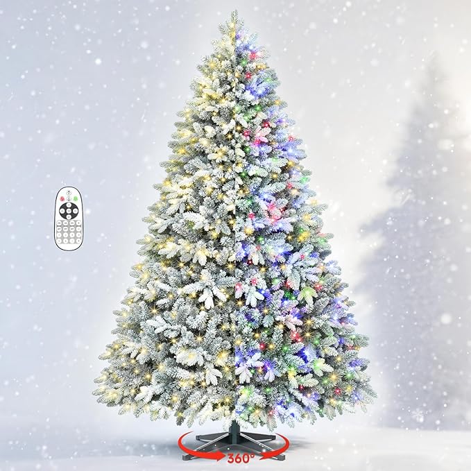 Thalassophile 9ft Pre-Lit Flocked Christmas Tree with Rotating Stand, Prelit Rotating Artificial Hinged Xmas Tree with Remote, 600 Lights Warm White & Multi Color, 2512 Branch Tips, Snow Flocked