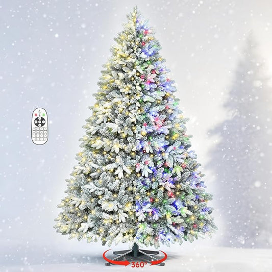 Thalassophile 6.5ft Pre-Lit Flocked Christmas Tree with Rotating Stand, Prelit Rotating Artificial Hinged Xmas Tree with Remote, 340 Lights Warm White & Multi Color, 1036 Branch Tips, Snow Flocked