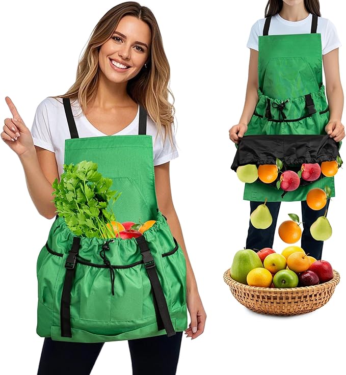 Gardening Apron for Women & Men, Garden Aprons with Pockets and Interal Drawstring Bag, Waterproof Adjustable Cross Back Harvest Apron for Fruit Picking Storage Weeding Garden Gift