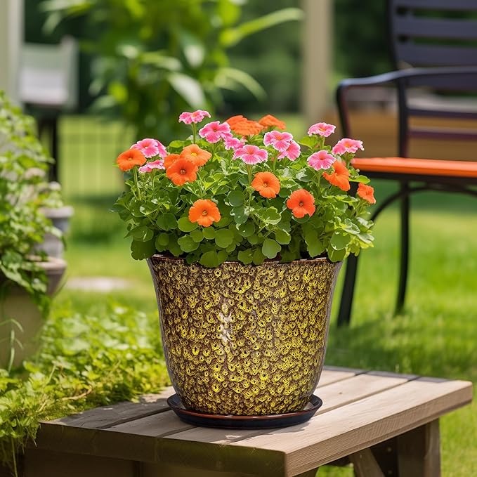 12 Inch Plant Pot - Ceramic Pots for Plants with Drainage Hole and Saucer, Round Planter for Indoor Outdoor, Large Flower Pots, Modern Planter, Patio House Decor, Plant Lovers Gifts, Yellow