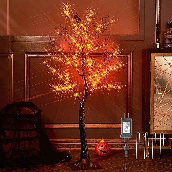 Birchlitland Halloween Tree with Lights 150 Orange Fairy Lights, 4TF Tell Black Glittered Tree Lights Pull in for Indoor and Outdoor Halloween Party Decoration