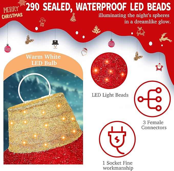 3Pcs 3FT Lighted Christmas Ornament Set Expandable Outdoor, Indoor Holiday Decor with 290 LED Lights, Easy Assembly & Weatherproof, Red & Green & Gold Light-Up Ball for Yard, Garden, Storefront.