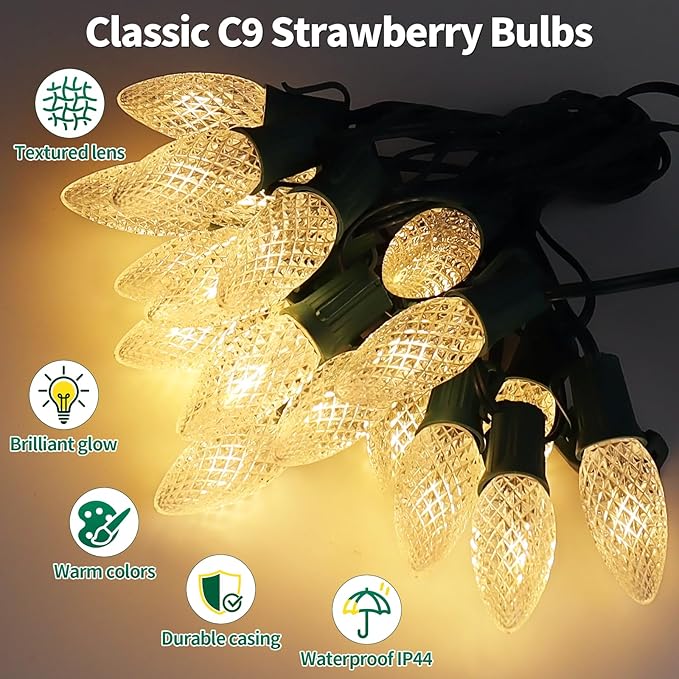 C9 Strawberry Christmas Pathway Lights Outdoor, 20 LED Warm White Outdoor Christmas String Lights with Stakes, 25.7FT Holiday Decorations for Indoor, Outside,Roofline, Backyard, Xmas Decor
