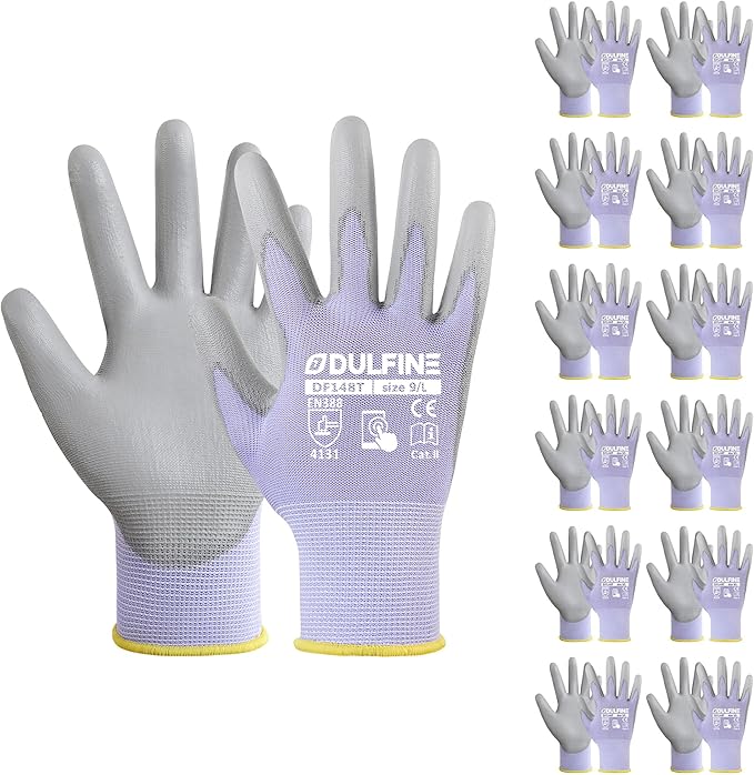 DULFINE Work Gloves for Men PU Coated 12 Pairs Bulk Pack,Purple Seamless Knit Glove with thin Polyurethane,Two Finger Touchscreen, for Men and Women, Ideal for Light Duty Work. (Extra Large)
