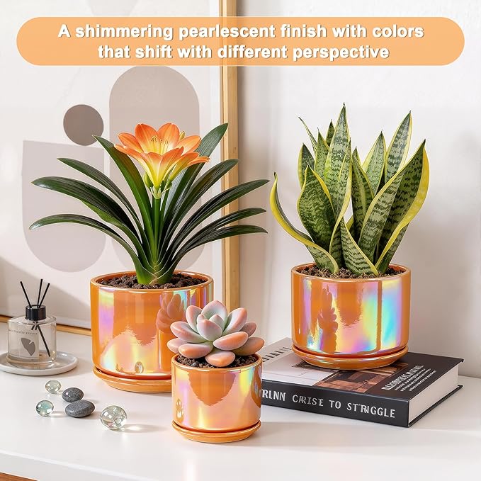 EFISPSS Ceramic Plant Pots,4+5+6 Inch Ceramic Indoor Pots for Plants with Drainage Hole,for Succulent Cactus,Pothos,Snake Plant Gift for Plant Lovers Set of 3 - Orange Pearl Glaze Plant Pots