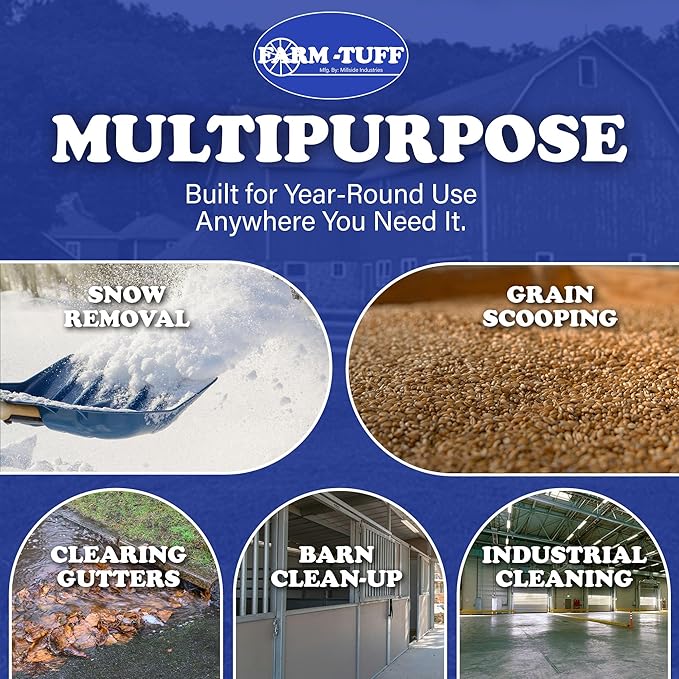 Farm-TUFF Heavy Duty Multi-Purpose Shovel - Snow, Barn, Grain, Industrial Use - Large Non-Stick Blade & Ash Hardwood D-Grip Handle - Durable & Lightweight Utility Scoop - Blue, 18in