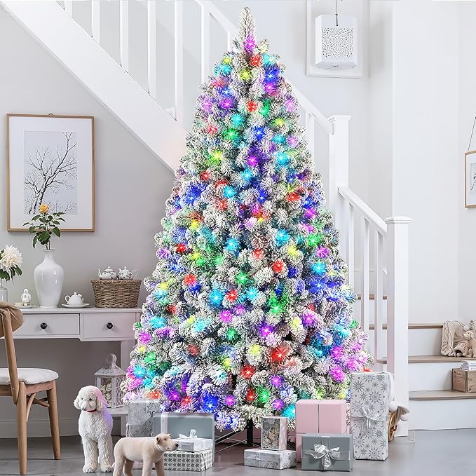 SHareconn 6ft Prelit Snow Flocked Spruce Artificial Christmas Tree with Remote (2025 Upgraded), 330 Pre-Lit Multi-Color RGB Lights, Full Snow Branch Tips for Home, Office, Xmas Decoration, 6 FT