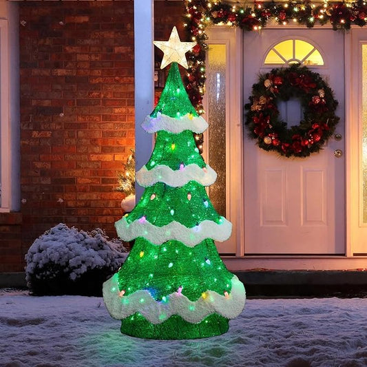 Glitzhome 56.25" H Lighted Christmas 3D Mesh Tree, Outdoor Decor with Colorful Long-Lasting Bulbs Holiday Lawn Ornament Yard Decoration Outdoor and Indoor use Long Lasting, 171 Green LED Lights