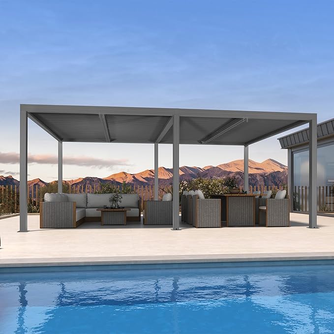 PURPLE LEAF Louvered Pergola 12' x 20' Outdoor Full Aluminum Pergola with Adjustable Rainproof Roof Modern Retractable Patio Hardtop Gazebo for Carport Commercial Use Deck Backyard Garden