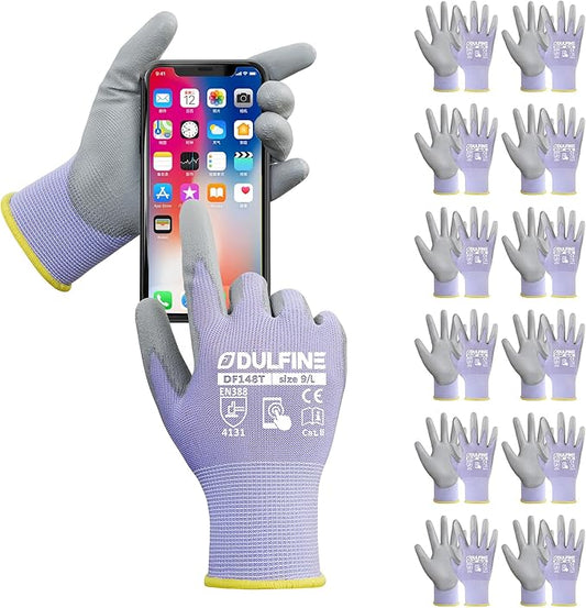 DULFINE Work Gloves for Men PU Coated 12 Pairs Bulk Pack,Purple Seamless Knit Glove with thin Polyurethane,Two Finger Touchscreen, for Men and Women, Ideal for Light Duty Work. (Medium)