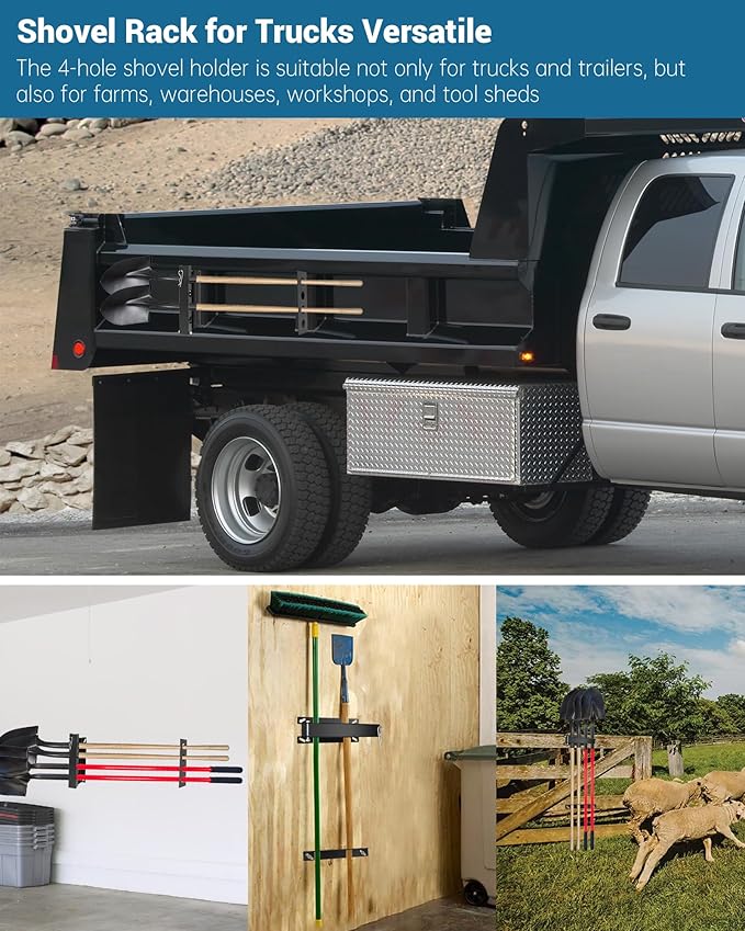 4-Hole Shovel Holder for Truck Bed, Garden Tool Holding Rack, Shovel Rack for Trailer/Truck Accommodates Diameters Up to 1.8" Rakes, Shovels, Other Garden Tools