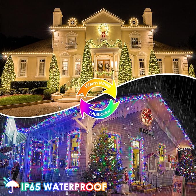 Warm White and Multicolor Color Changing Solar String Lights for Outside, 2 Pack 400LED Solar Christmas Lights Outdoor, Waterproof Copper Wire with 8 Modes Twinkle Fairy Light for Tree Christmas Decor