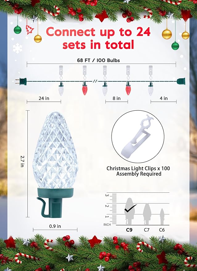 C9 Led Christmas String Lights, 68 Ft 100 LED Strawberry Roof Lights with 100 All in One Clips, Commercial Grade Waterproof Extendable for Indoor Outdoor Roofline Home Xmas Decor, Red & Pure White