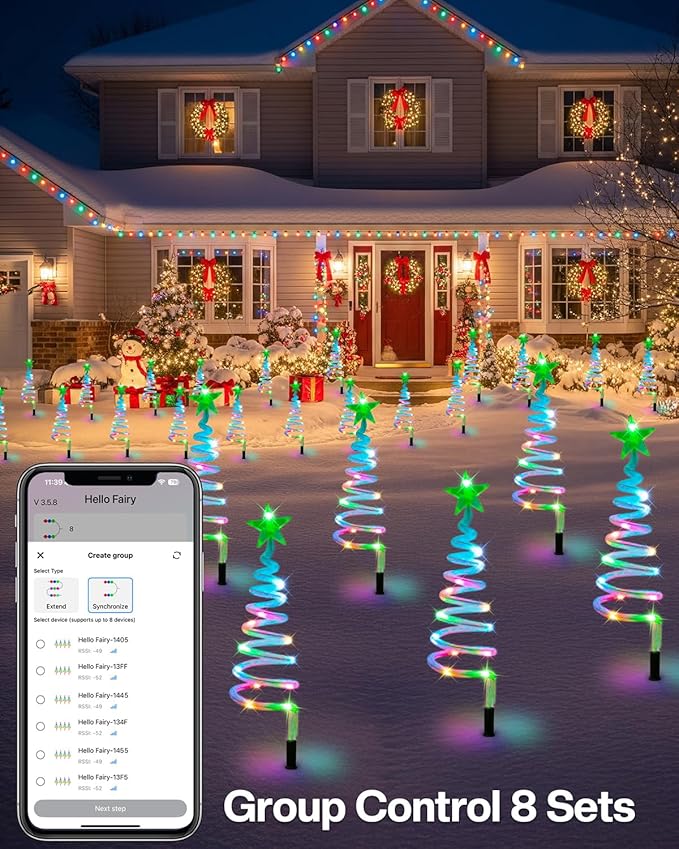 8 Pack Smart Christmas Pathway Lights Outdoor APP Control, Multicolor Connectable Spiral Tree Lights with RGB DIY, Music, Timer, Waterproof LED Christmas Outdoor Decorations for Pathway, Yard,Walkway
