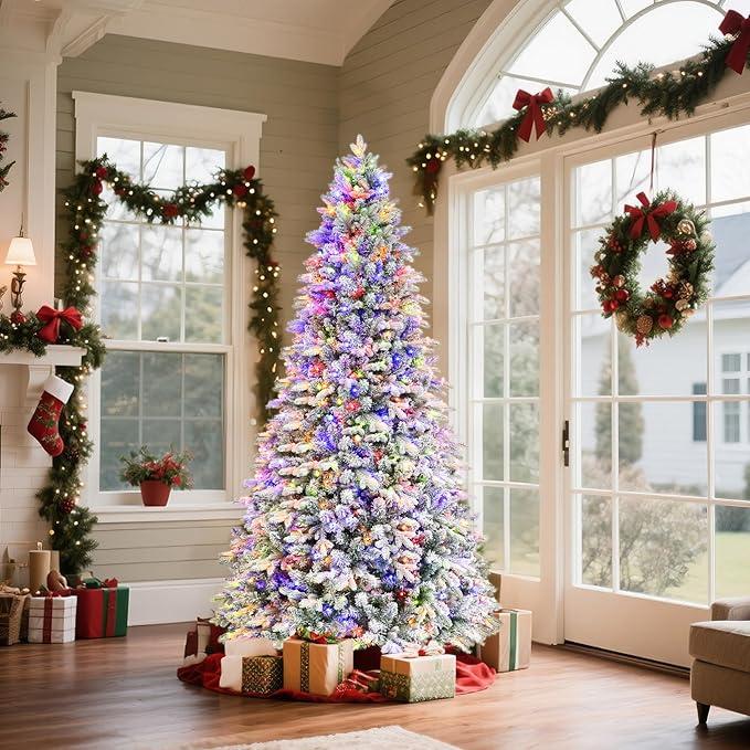 Rotating Flocked Christmas Tree 7.5ft - Prelit Musical Artificial Xtmas Tree with Remote Control, 1470 PE & PVC Mixed Tips, 8 Modes 470 Multicolor LED Lights for Holiday Decor