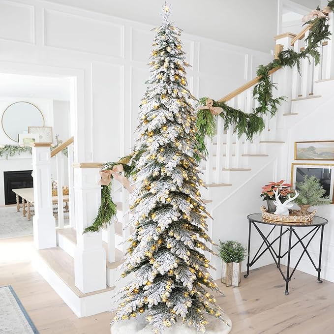 Glitzhome 11ft Prelit Christmas Tree, Artificial Christmas Tree with 700 Warm White Lights, Flocked Pencil Tree Chicago Frostwood Spruce Xmas Tree w/2890 PE&PVC Branch Tips and Sturdy Metal Stand