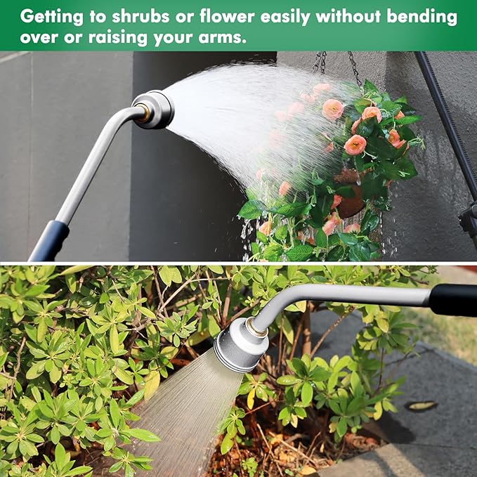 RESTMO Long Watering Wand, 24 Inches Gentle Soft Full Shower Sprayer Wand with Thumb Flow Control, Heavy Duty Metal Hose Wand for Hanging Baskets, Shrubs, Plants, Flowers, Garden and Lawn, Silver