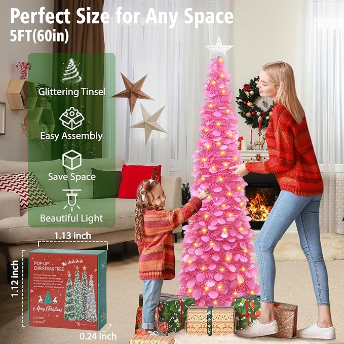HMASYO 5 FT Pop Up Christmas Tree with Timer Lights, Hot Pink Christmas Tinsel Tree, Collapsible Artificial Pencil Christmas Tree for Indoor Home Apartment Porch Holiday Party Decorations