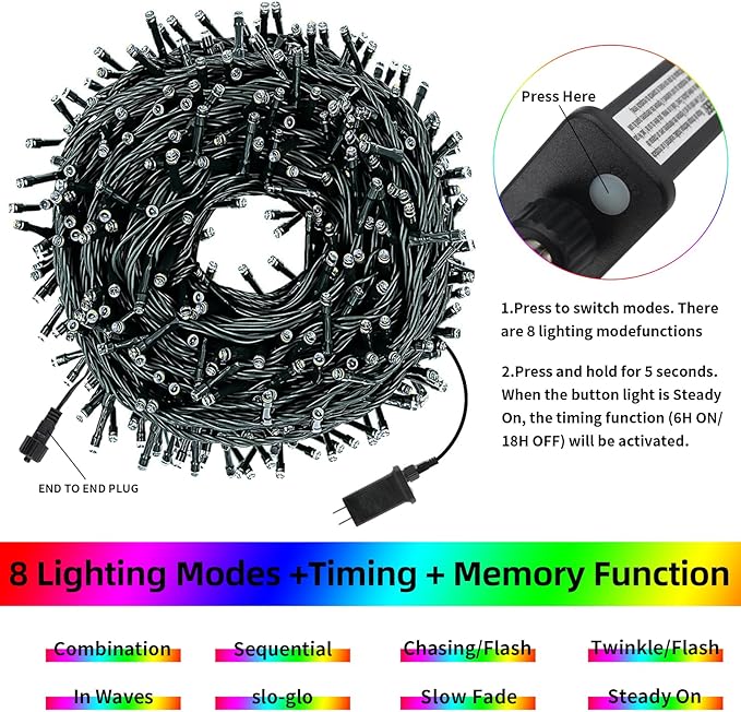 Chuya Christmas Tree Lights String Lights Outdoor Indoor Decoration, Waterproof 500 LED 164FT Multicolor Fairy Light Christmas Lights with Timer Remote 8 Lighting Modes UL588