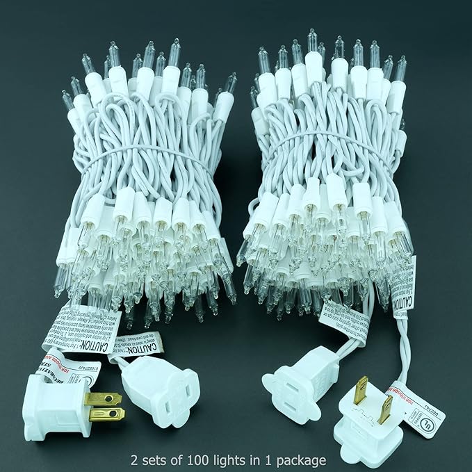 YULETIME 200 Clear Christmas Lights with White Wire, Pack of 2 Strands of 21 ft 100 Count UL Certified Incandescent Mini String Light (Clear - White Wire)