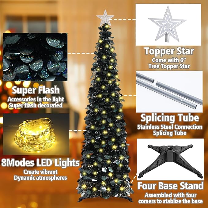HMASYO 5 FT Pop Up Christmas Tree with Timer Lights, Black Christmas Tinsel Tree, Collapsible Artificial Pencil Christmas Tree for Indoor Home Apartment Porch Holiday Party Decorations