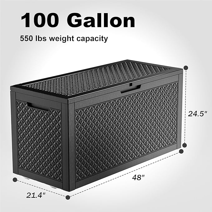 New 100 GallonOutdoor Storage Box,Resin Deck Boxes Waterproof, IndoorOutdoor Bin for Package Delivery, Patio Cushions, Gardening Tools, Lockable, UV Resistant