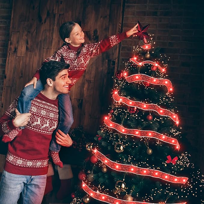 Christmas Decorations - 2.5Inch x 66Ft 200 Led Christmas Tree Ribbon Lights with 8 Lighting Modes, Battery Operated & USB Powered Fairy String Lights with Timer for Xmas Tree Decor