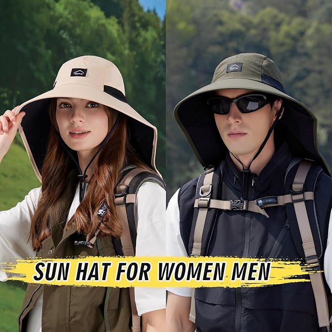 Rosoz Outdoor Sun Hat for Men Women, UPF50+ Protection Safari Cap Wide Brim Mesh Fishing Hat with Neck Flap Beach Garden