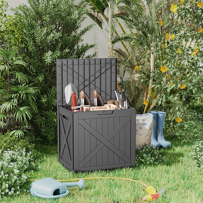 DRATO 32 Gallon Deck Box X pattern, Outdoor Storage Box for Patio Cushion, Garden Tools,Waterproof Patio Storage box, Lockable
