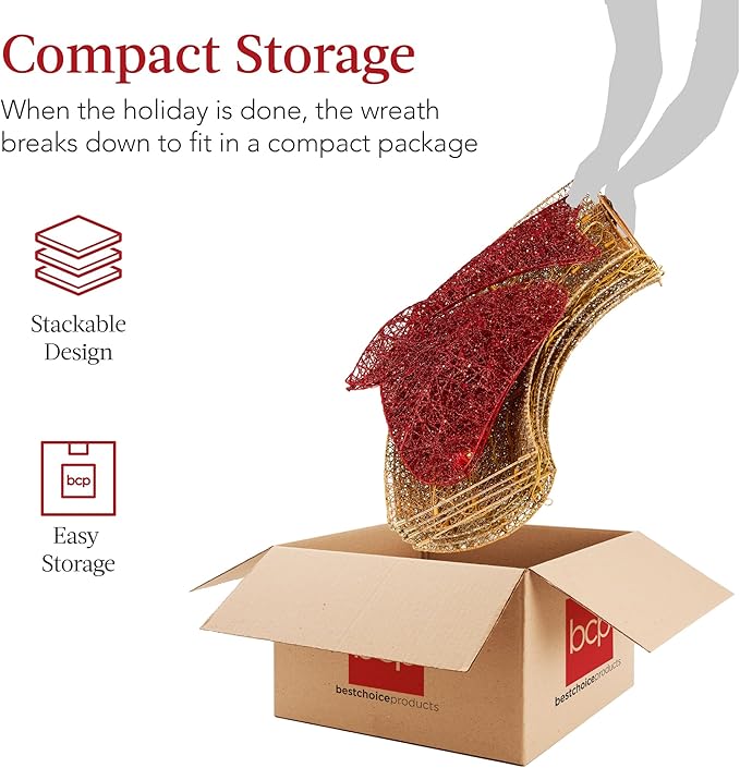 Best Choice Products 60in Pre-Lit Outdoor Christmas Wreath Decoration, LED Metal Holiday Decor for Home Exterior, Garden w/ 206 Lights, Bow - Gold/Red