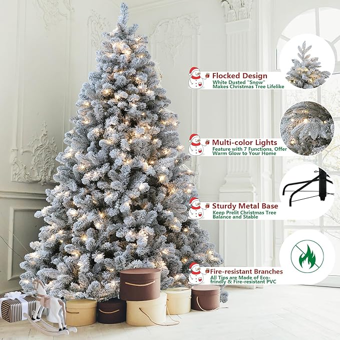 Flocked Christmas Tree, 7.5 ft Prelit Christmas Tree with Lights, 10 Functions, 400 Lights, Spruce Artificial Christmas Tree Prelit with 1832 Realistic Tips & Sturdy Metal Base Easy Assembly